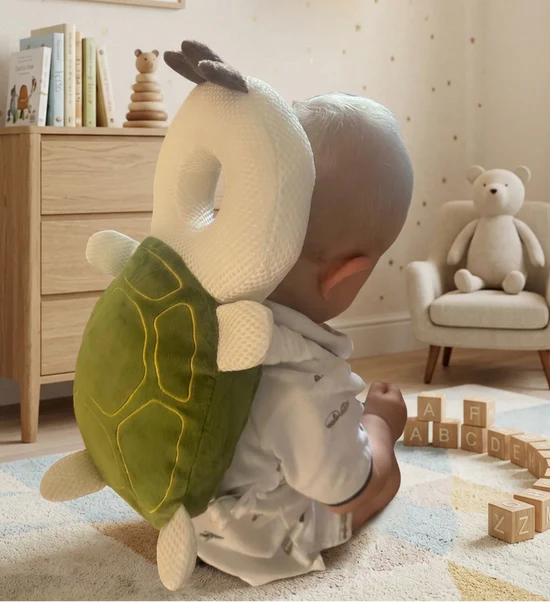 Baby wearing a turtle head protector while sitting indoors